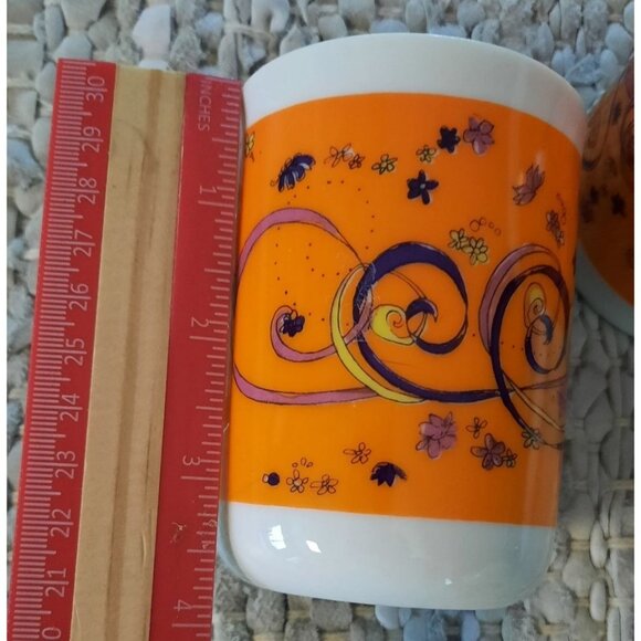 Vintage Japanese Ceramic Coffee Mug Set - Vibrant‎ Orange & Floral Design - Picture 8 of 8